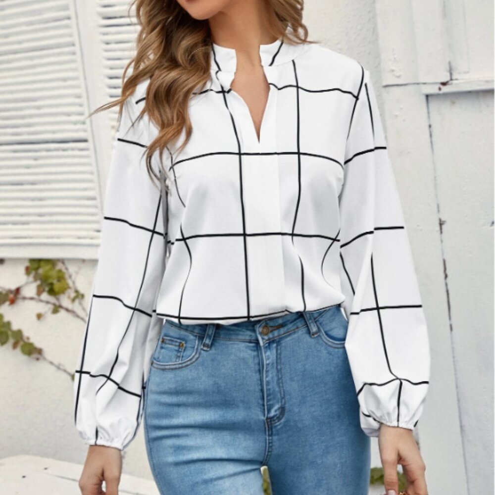 Windowpane Plaid Notched Neck Blouse Size 8/10 (L)